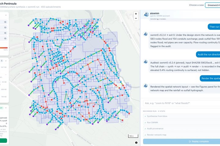 Agentic SWMM live demo: a drainage network on a map beside the aiswmm chat that ran and audited the model