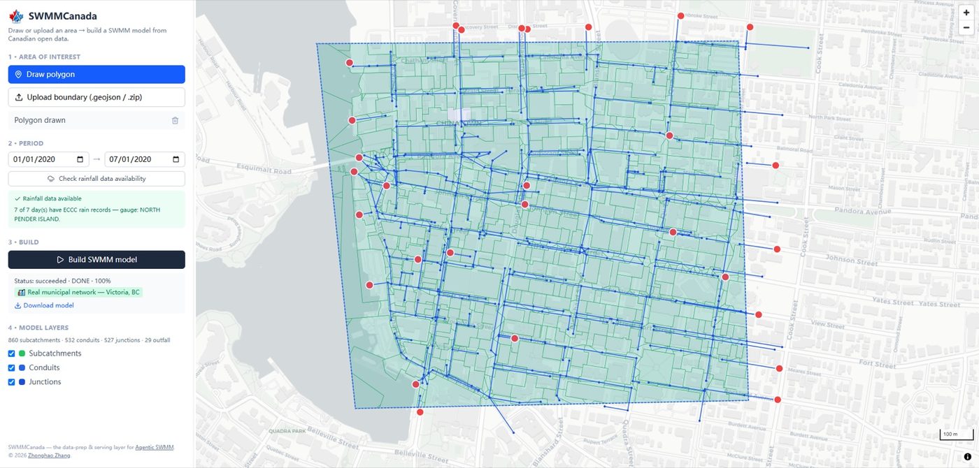SWMMCanada web app: a drawn boundary over downtown Victoria with the city's real storm network, subcatchments, and outfalls, ready to download as a SWMM model